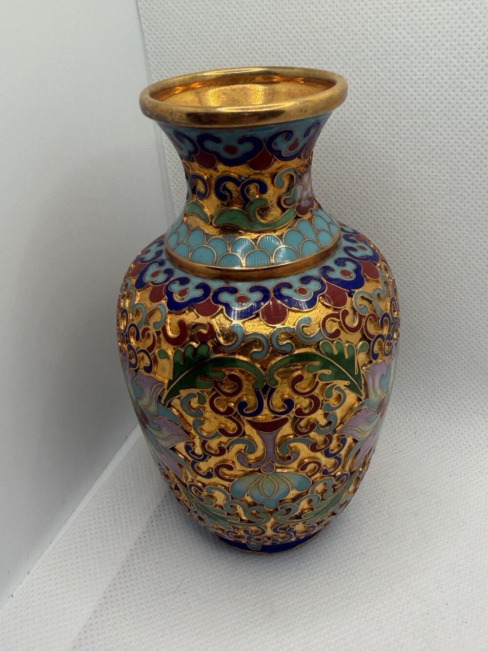 Vintage Chinese Cloisonne Vase: Mini 5” Brass & Enamel Flower Vase From China